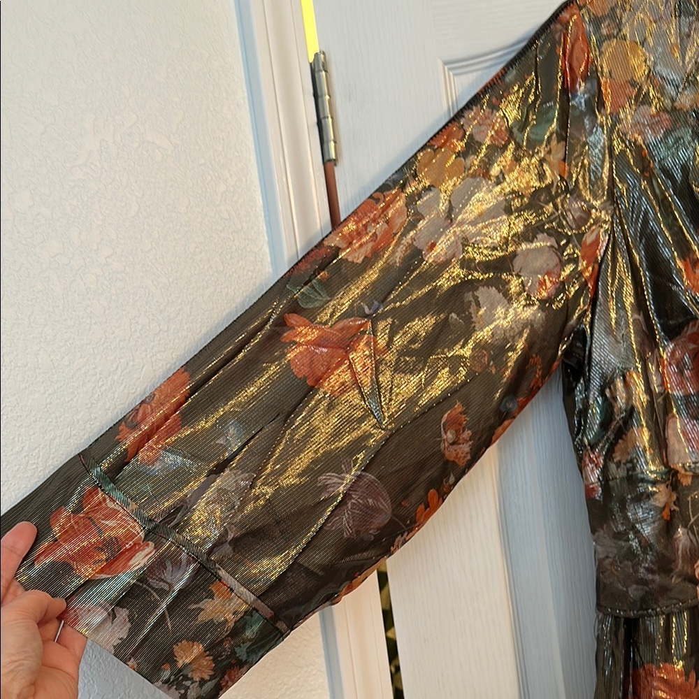 Anthropologie Floral Metallic Maxi Dress in Olive and Red - Picture 7 of 10